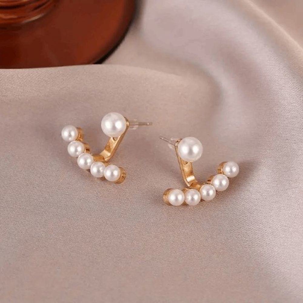 Gold Pearl Ear Crawler Jacket Stud Earrings